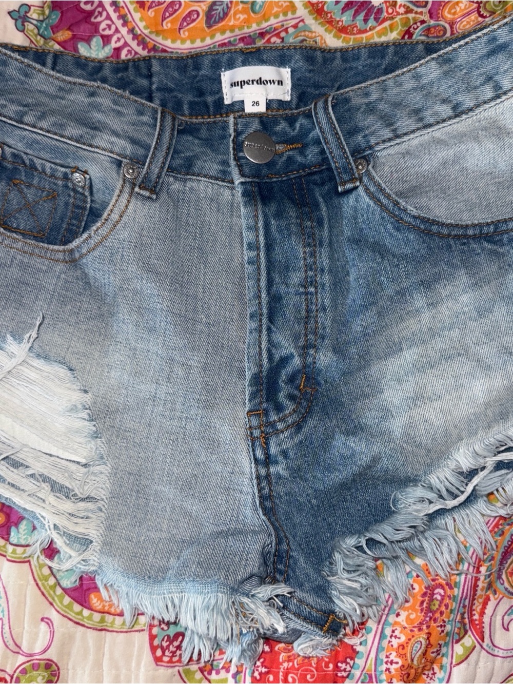 superdown Frayed Distressed Denim Cutoff Shorts - Light Blue Wash